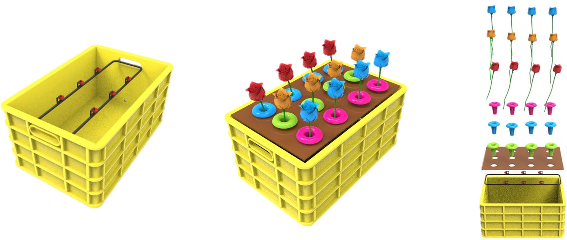 Aeroponic box with centrifugal irrigation - schematic and explosive view