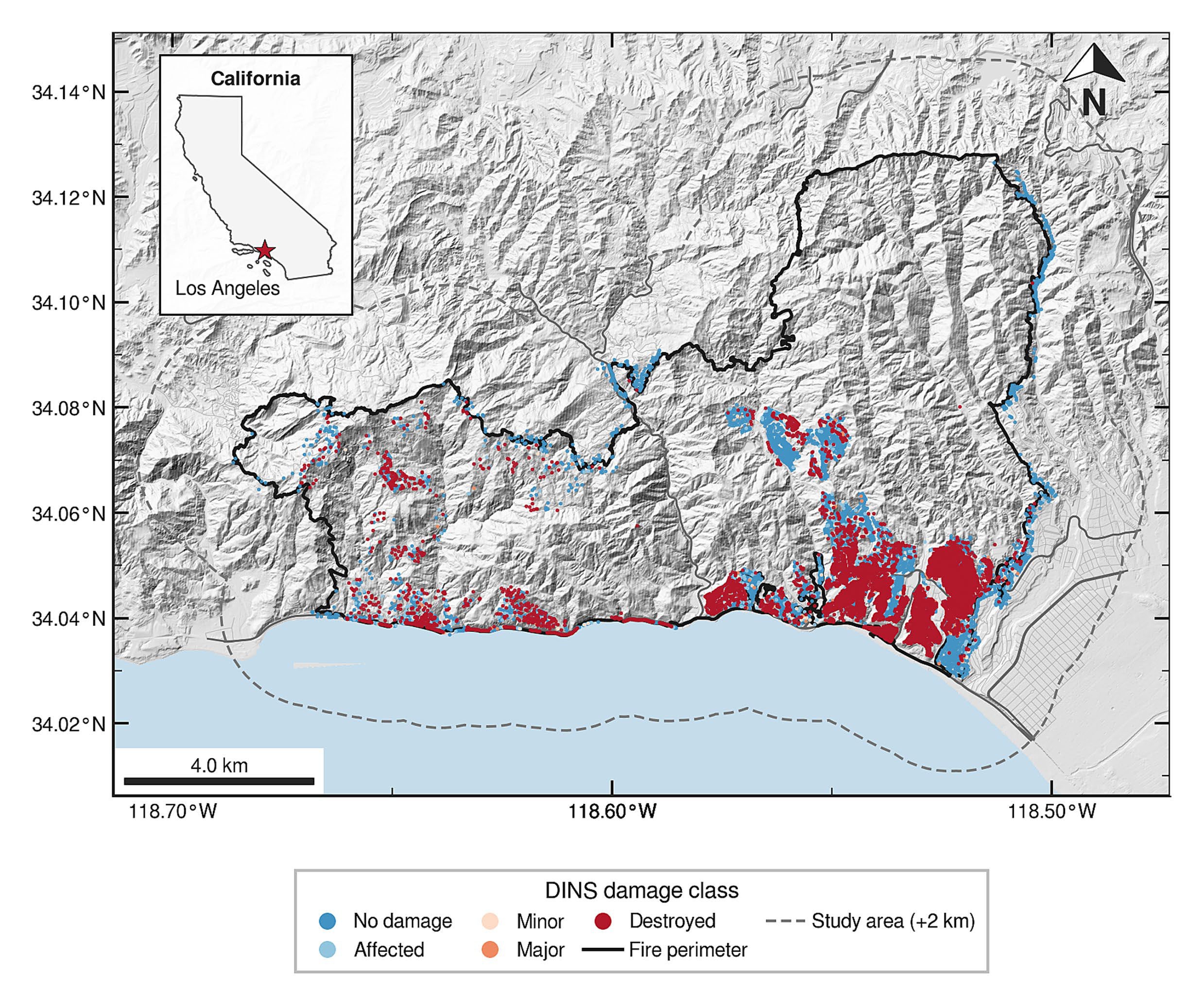 Map of the 2025 Palisades Fire study area by Mohammadreza Narimani showing CAL FIRE DINS damage classes from no damage to destroyed along the Los Angeles coastline