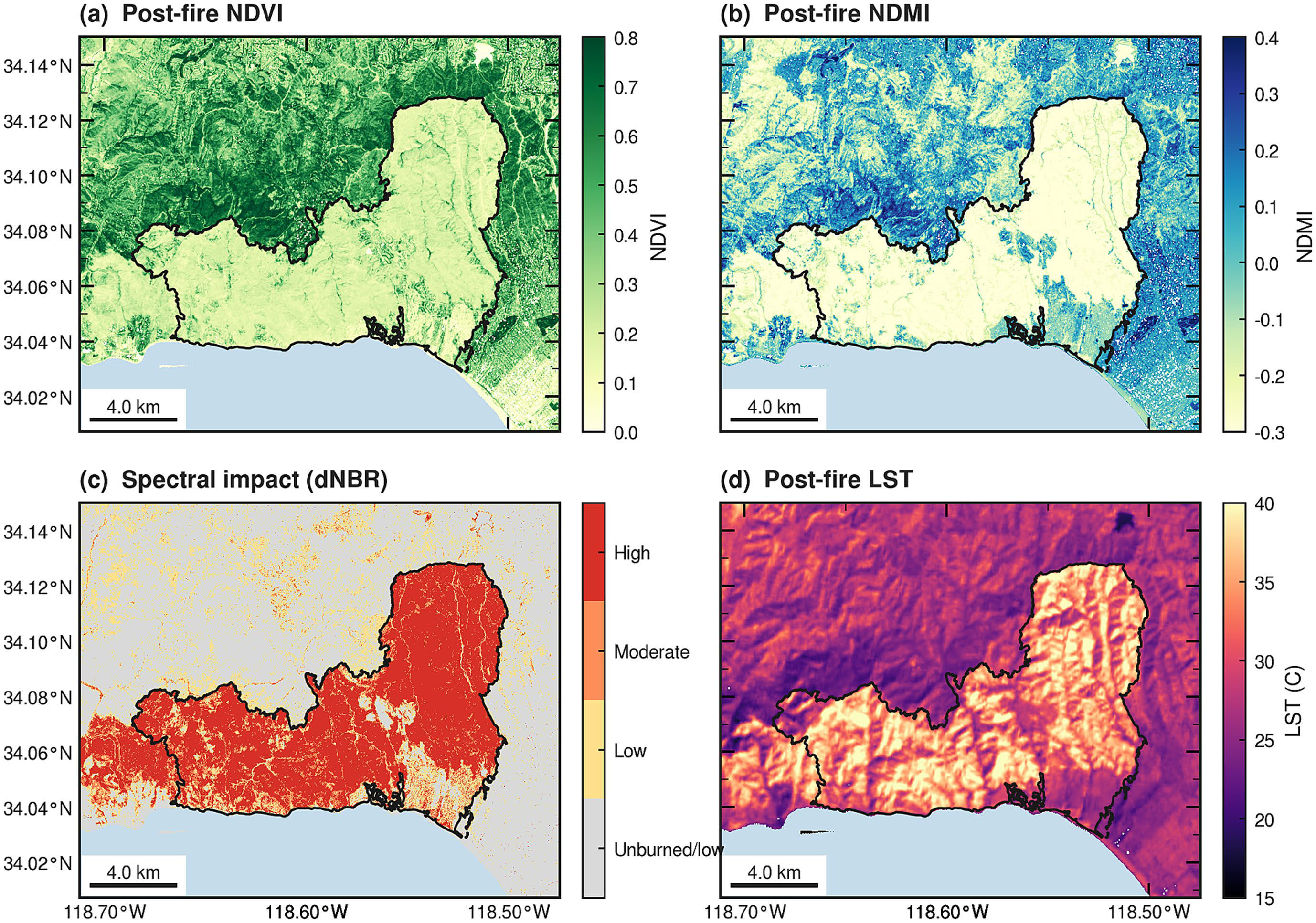 Mohammadreza Narimani post-fire Palisades maps of NDVI, NDMI, dNBR spectral-impact bins, and land-surface temperature