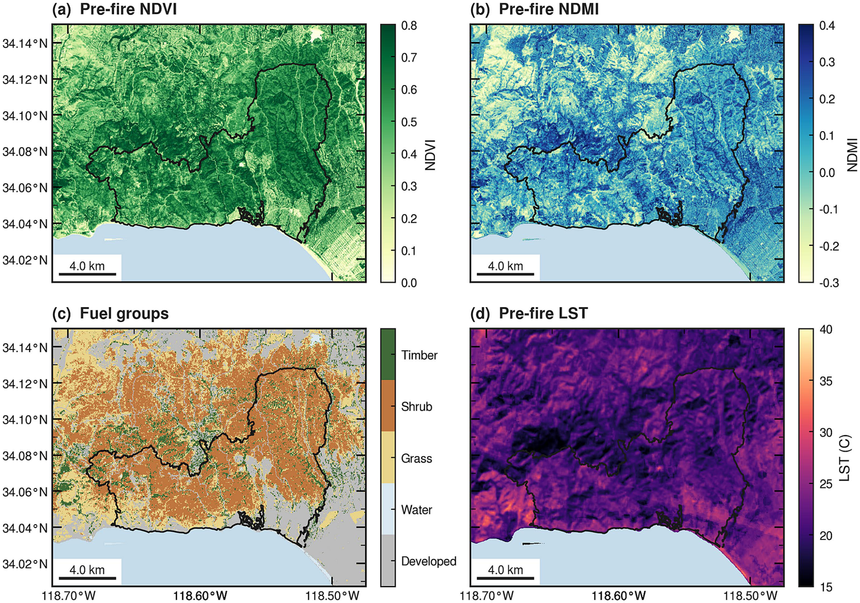 Mohammadreza Narimani pre-fire Palisades maps of NDVI, NDMI, LANDFIRE fuel groups, and Landsat land-surface temperature