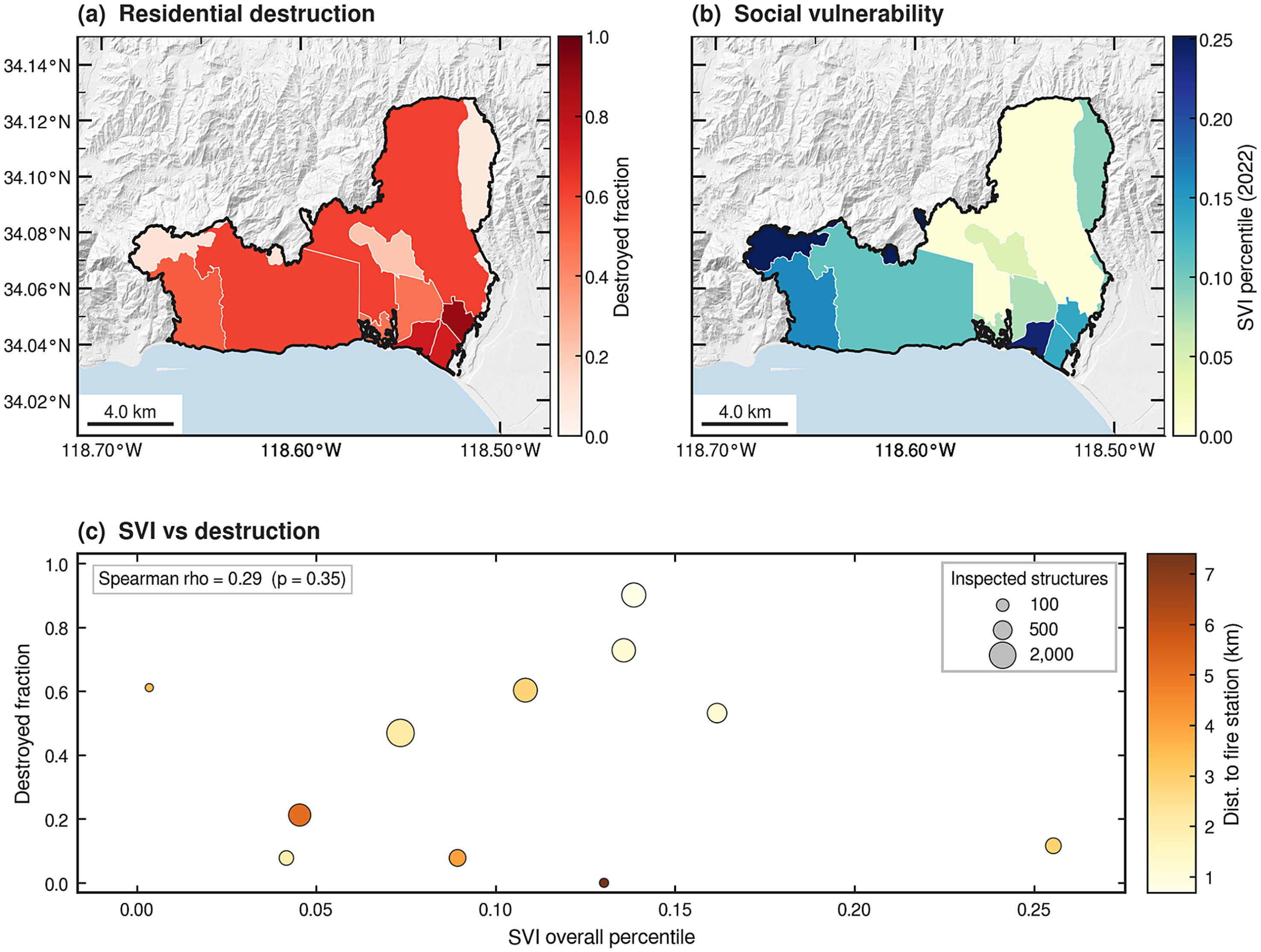 Mohammadreza Narimani Palisades community context maps of residential destruction fraction, CDC SVI 2022, and tract-level SVI versus destruction