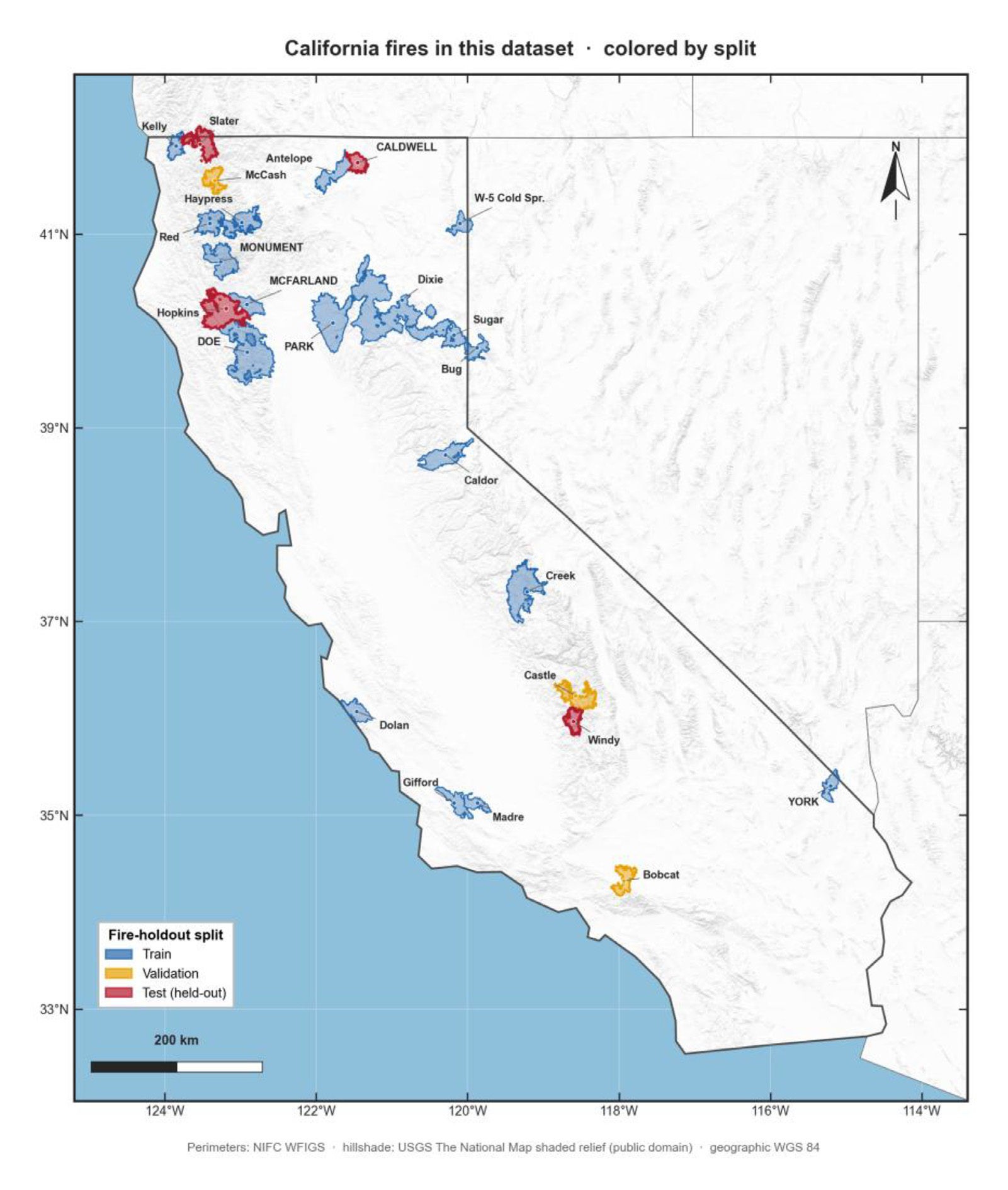 Map of 25 California wildfires in the Mohammadreza Narimani Sentinel-2 active-fire benchmark colored by train, validation, and held-out test split