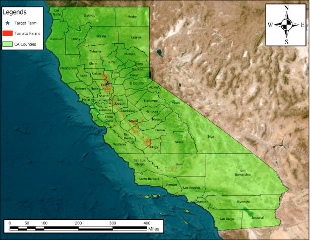 Map of California tomato farming counties and target farm