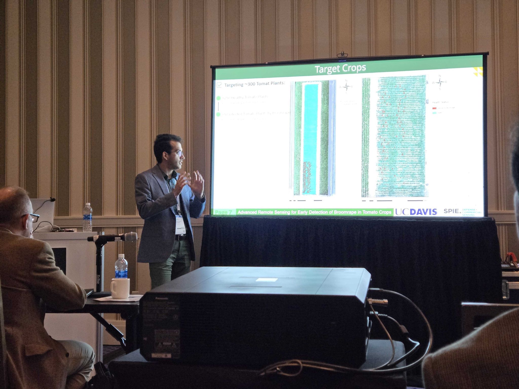 Mohammadreza Narimani presenting research at SPIE Defense and Commercial Sensing 2024, National Harbor Maryland - drone-based multispectral imaging and deep learning for timely detection of branched broomrape in tomato farms, UC Davis Digital Agriculture Laboratory, Proceedings 13053