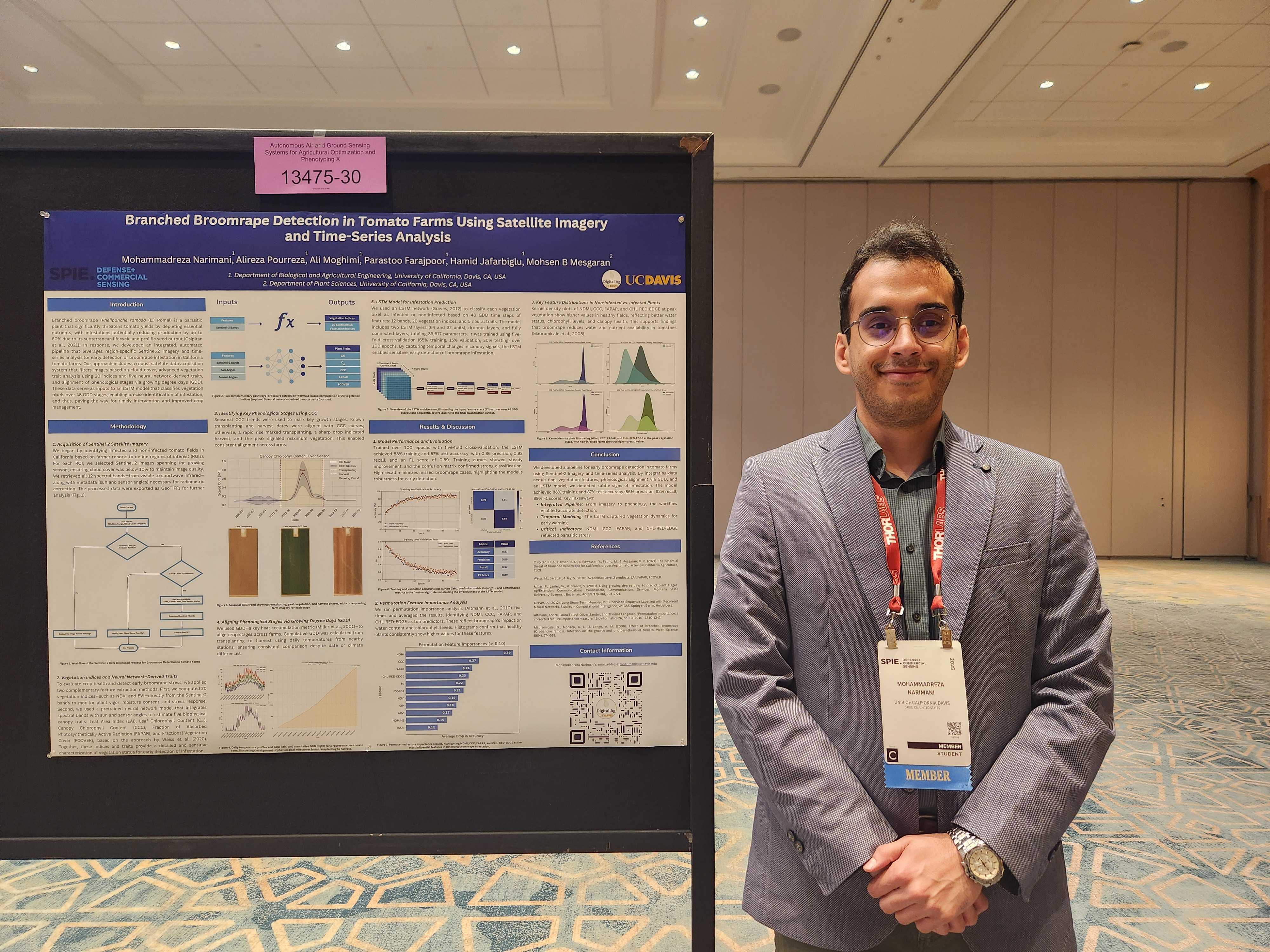 Mohammadreza Narimani presenting poster at SPIE Defense and Commercial Sensing 2025 Orlando Florida - branched broomrape detection in tomato farms using satellite imagery and time-series analysis, UC Davis Digital Agriculture Laboratory