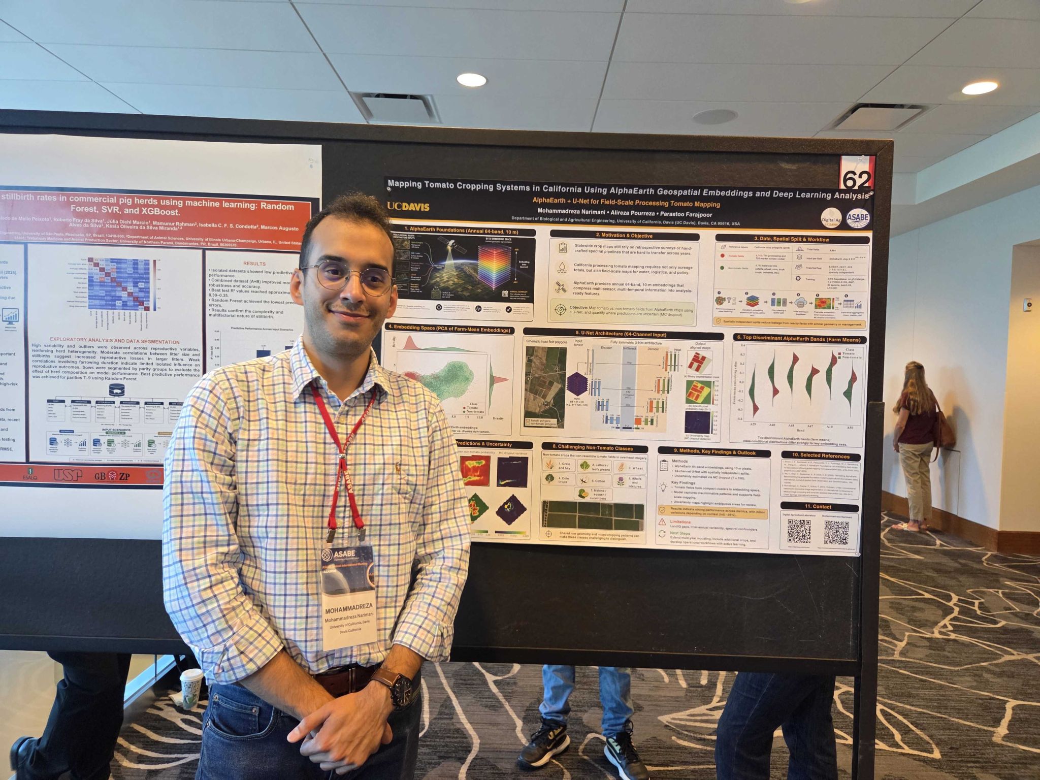Mohammadreza Narimani standing beside his AlphaEarth tomato mapping poster at ASABE 2026 in Indianapolis